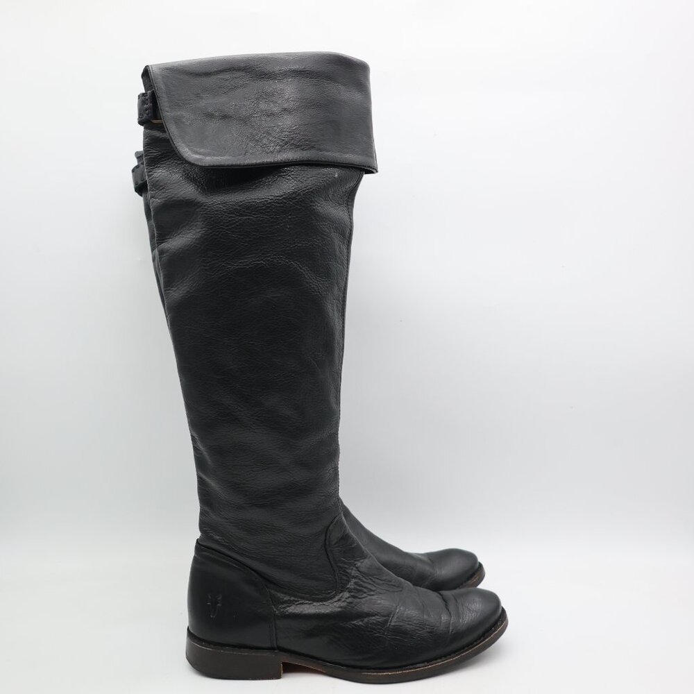 Frye Over The Knee Black Leather Fold Women’s Size 6 B High Riding Boots 77739